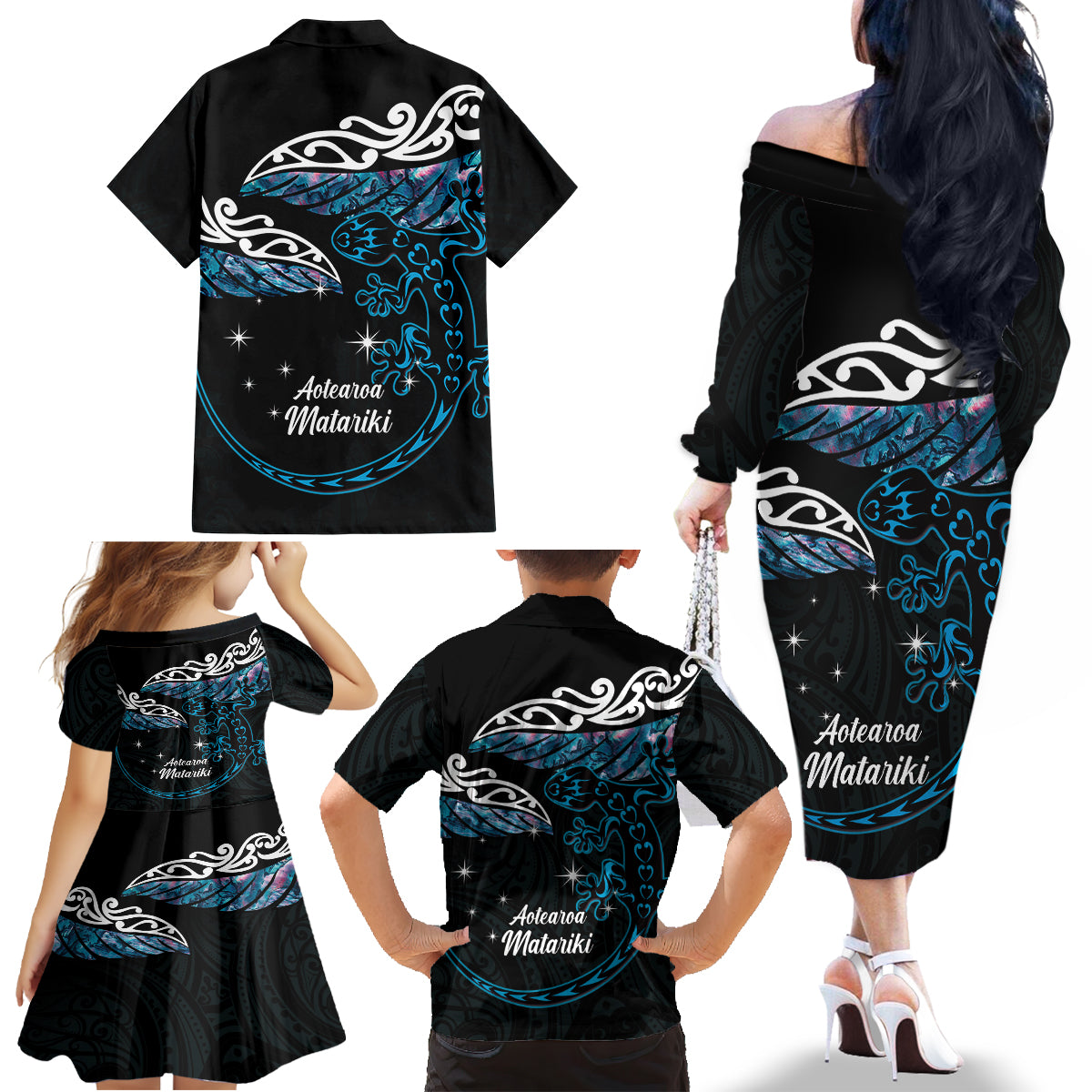 New Zealand Matariki Family Matching Off The Shoulder Long Sleeve Dress and Hawaiian Shirt Maori New Year Silver Fern And Lizard - Turquosie LT14 - Polynesian Pride
