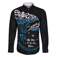 New Zealand Matariki Family Matching Off Shoulder Maxi Dress and Hawaiian Shirt Maori New Year Silver Fern And Lizard - Turquosie LT14 Dad's Shirt - Long Sleeve Turquoise - Polynesian Pride