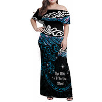 New Zealand Matariki Family Matching Off Shoulder Maxi Dress and Hawaiian Shirt Maori New Year Silver Fern And Lizard - Turquosie LT14 Mom's Dress Turquoise - Polynesian Pride