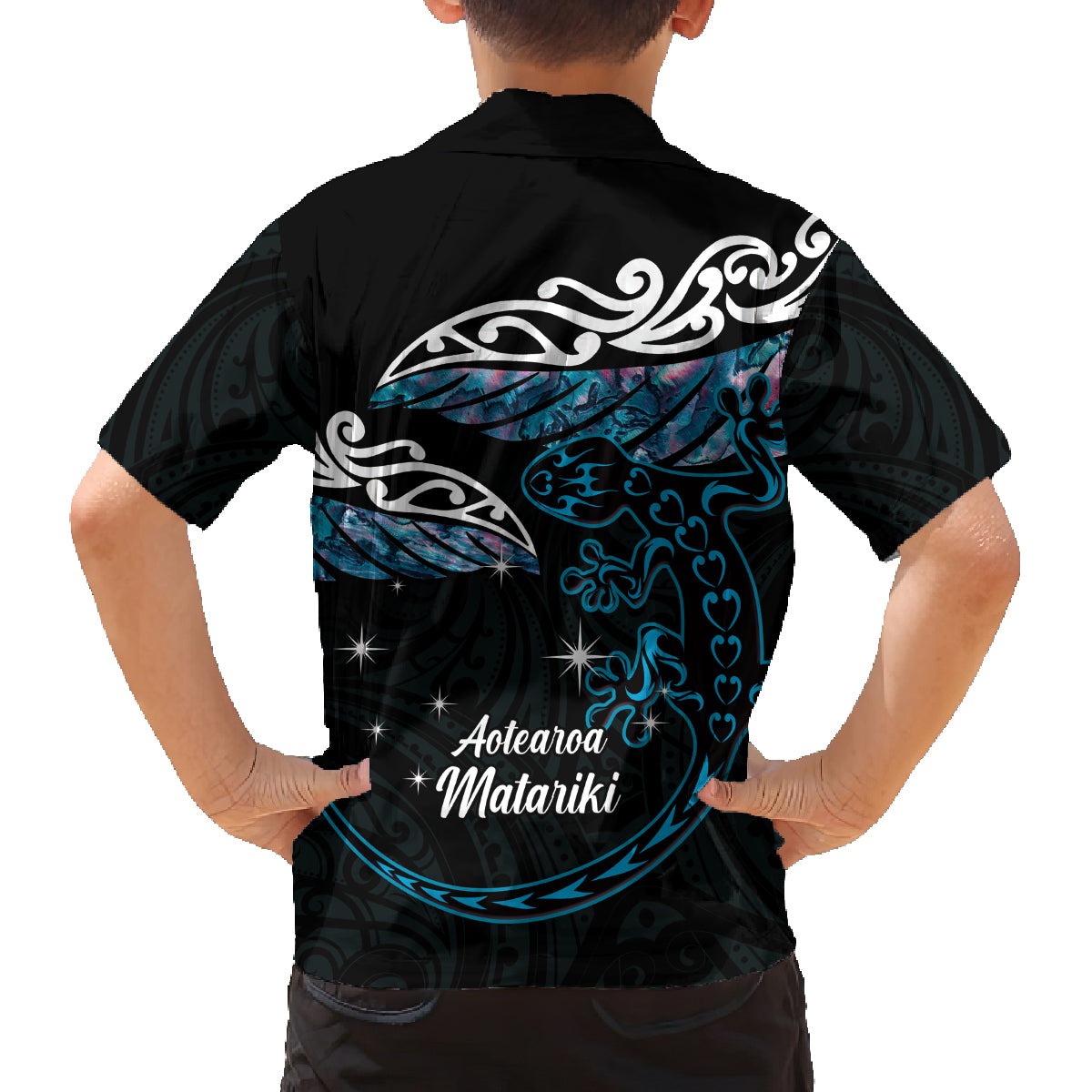 New Zealand Matariki Family Matching Off Shoulder Short Dress and Hawaiian Shirt Maori New Year Silver Fern And Lizard - Turquosie LT14 - Polynesian Pride