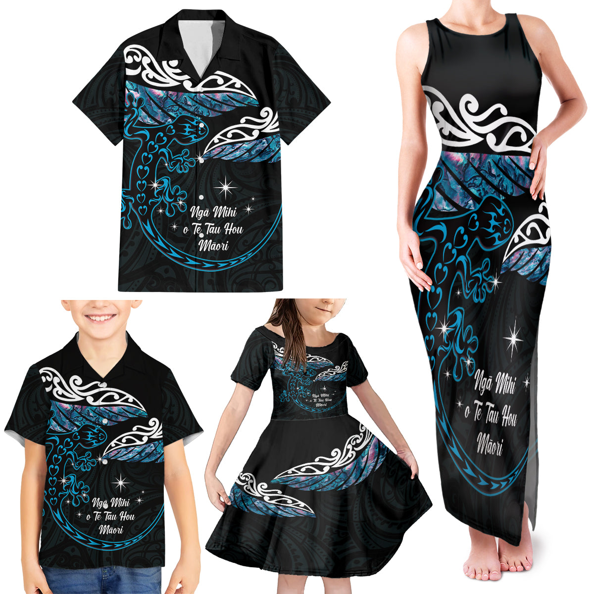 New Zealand Matariki Family Matching Tank Maxi Dress and Hawaiian Shirt Maori New Year Silver Fern And Lizard - Turquosie LT14 - Polynesian Pride