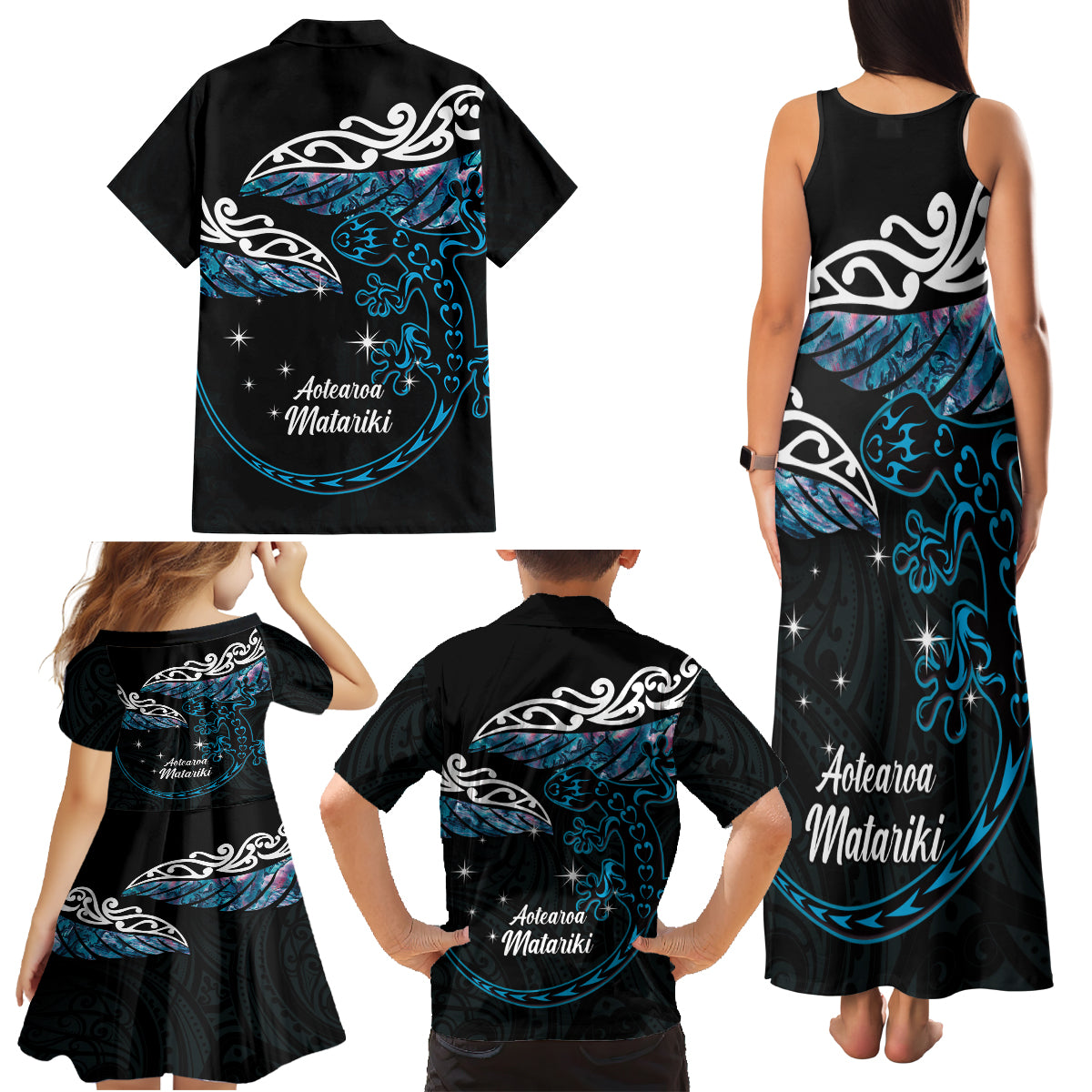 New Zealand Matariki Family Matching Tank Maxi Dress and Hawaiian Shirt Maori New Year Silver Fern And Lizard - Turquosie LT14 - Polynesian Pride