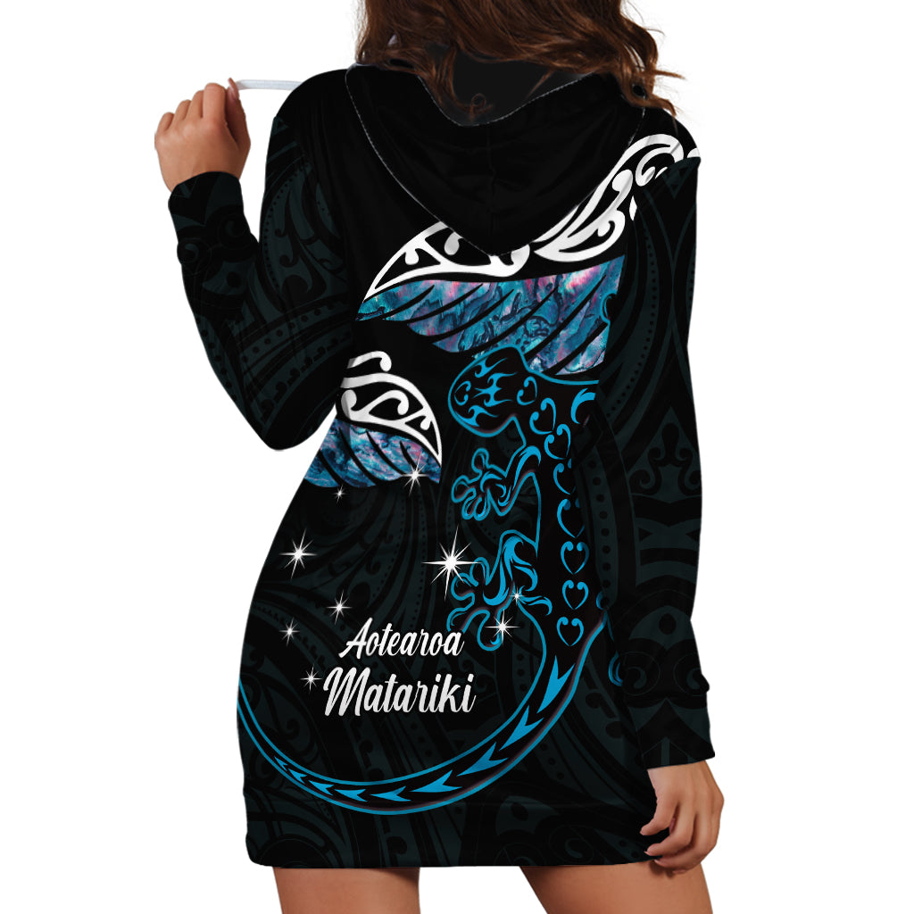 New Zealand Matariki Hoodie Dress Maori New Year Silver Fern And Lizard - Turquosie LT14 - Polynesian Pride