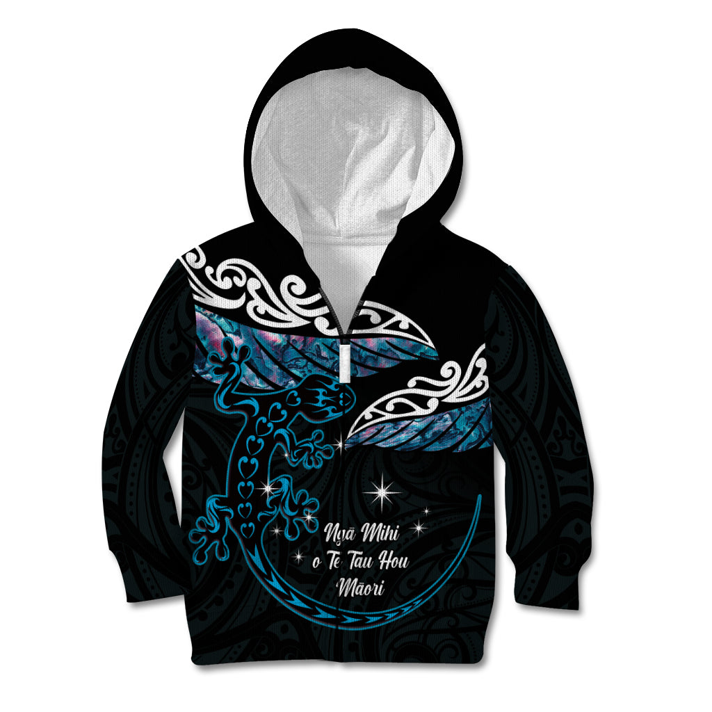 New Zealand Matariki Kid Hoodie Maori New Year Silver Fern And Lizard - Turquosie LT14 Zip Hoodie Turquoise - Polynesian Pride