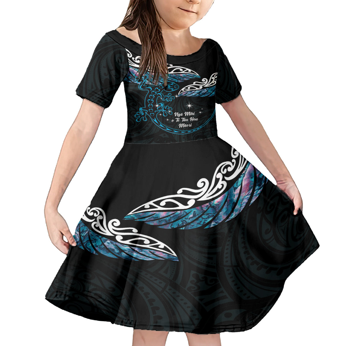 New Zealand Matariki Kid Short Sleeve Dress Maori New Year Silver Fern And Lizard - Turquosie LT14 KID Turquoise - Polynesian Pride