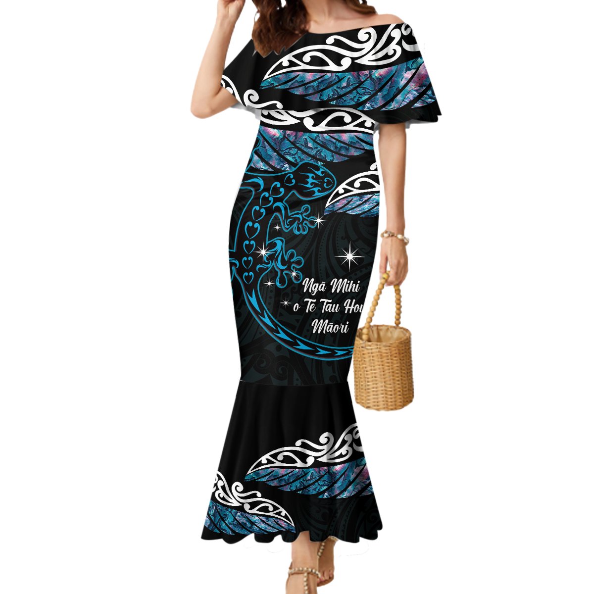 New Zealand Matariki Mermaid Dress Maori New Year Silver Fern And Lizard - Turquosie LT14 Women Turquoise - Polynesian Pride