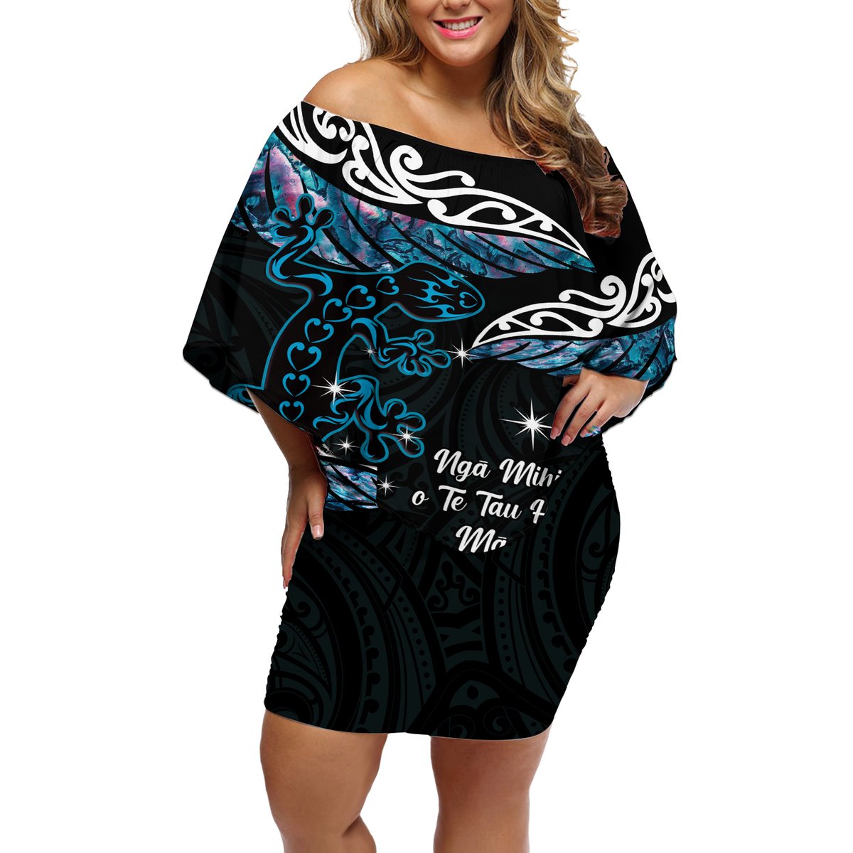 New Zealand Matariki Off Shoulder Short Dress Maori New Year Silver Fern And Lizard - Turquosie LT14 Women Turquoise - Polynesian Pride