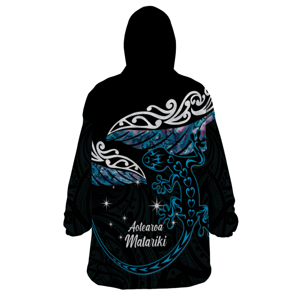 New Zealand Matariki Wearable Blanket Hoodie Maori New Year Silver Fern And Lizard - Turquosie LT14 - Polynesian Pride