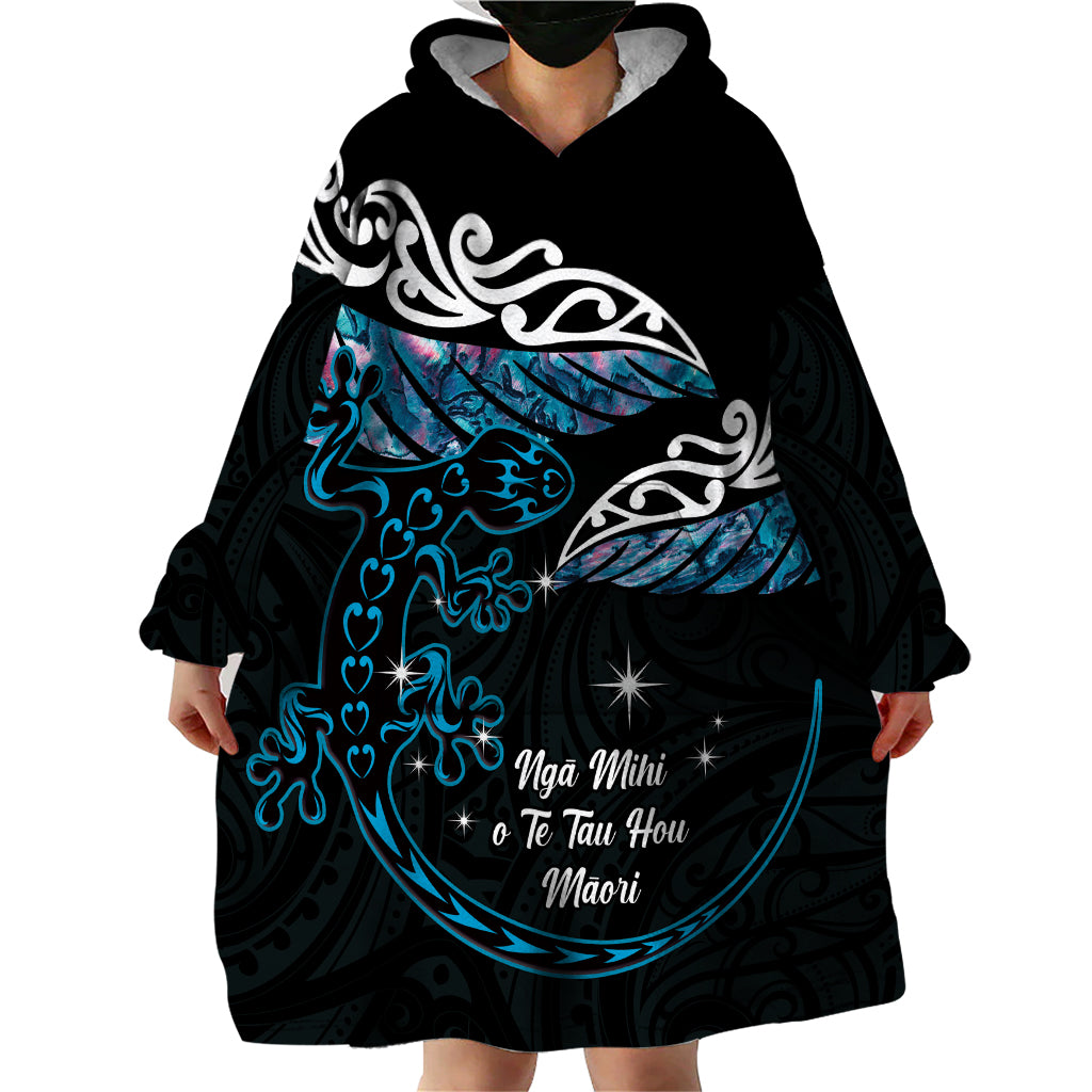 New Zealand Matariki Wearable Blanket Hoodie Maori New Year Silver Fern And Lizard - Turquosie LT14 - Polynesian Pride