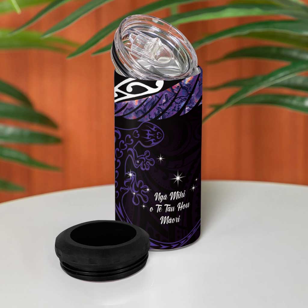 New Zealand Matariki 4 in 1 Can Cooler Tumbler Maori New Year Silver Fern And Lizard - Purple LT14 - Polynesian Pride