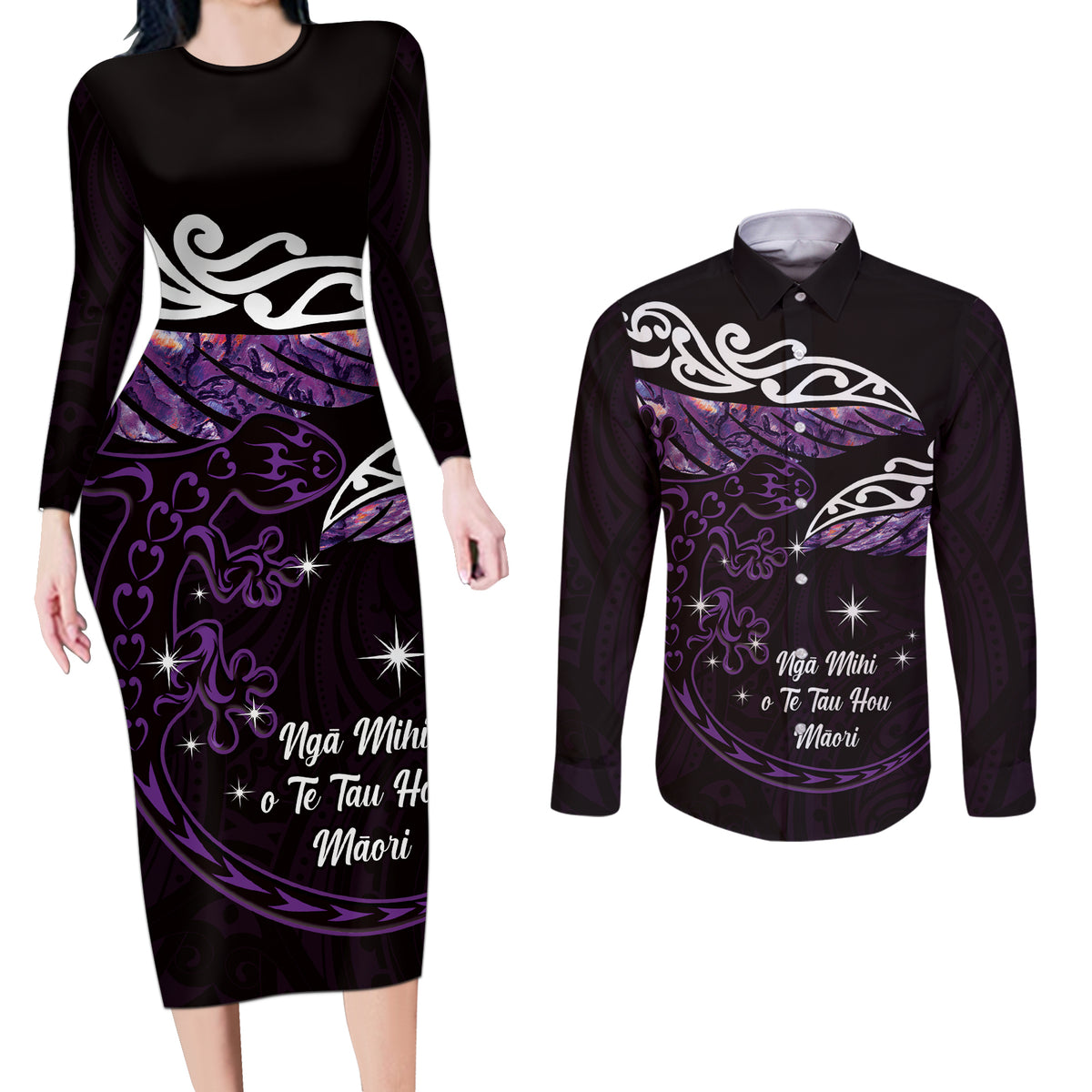 New Zealand Matariki Couples Matching Long Sleeve Bodycon Dress and Long Sleeve Button Shirt Maori New Year Silver Fern And Lizard - Purple LT14 Purple - Polynesian Pride