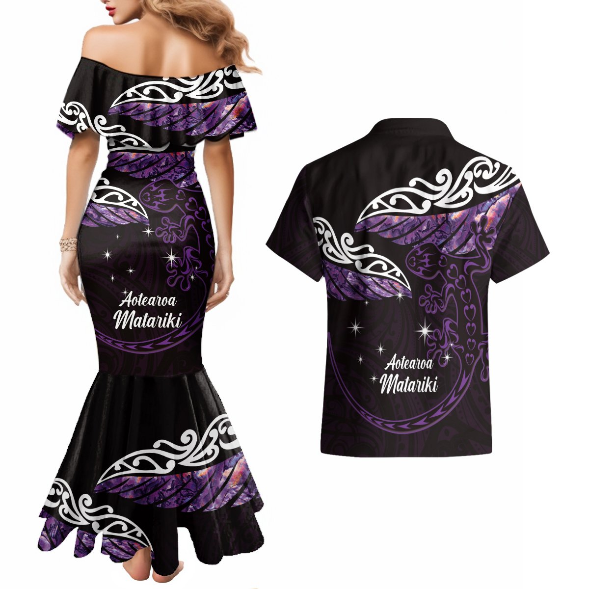 New Zealand Matariki Couples Matching Mermaid Dress and Hawaiian Shirt Maori New Year Silver Fern And Lizard - Purple LT14 - Polynesian Pride