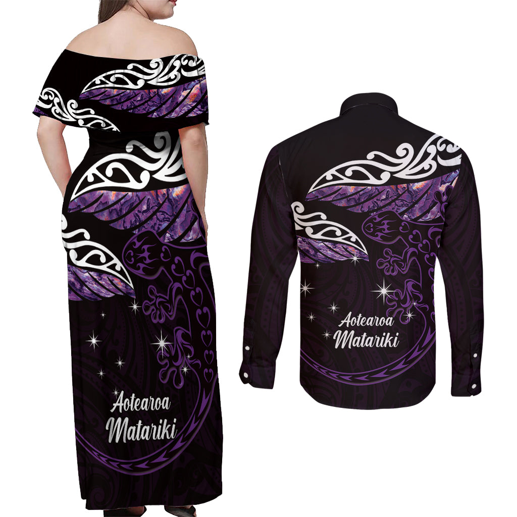 New Zealand Matariki Couples Matching Off Shoulder Maxi Dress and Long Sleeve Button Shirt Maori New Year Silver Fern And Lizard - Purple LT14 - Polynesian Pride