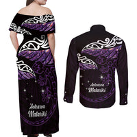 New Zealand Matariki Couples Matching Off Shoulder Maxi Dress and Long Sleeve Button Shirt Maori New Year Silver Fern And Lizard - Purple LT14 - Polynesian Pride