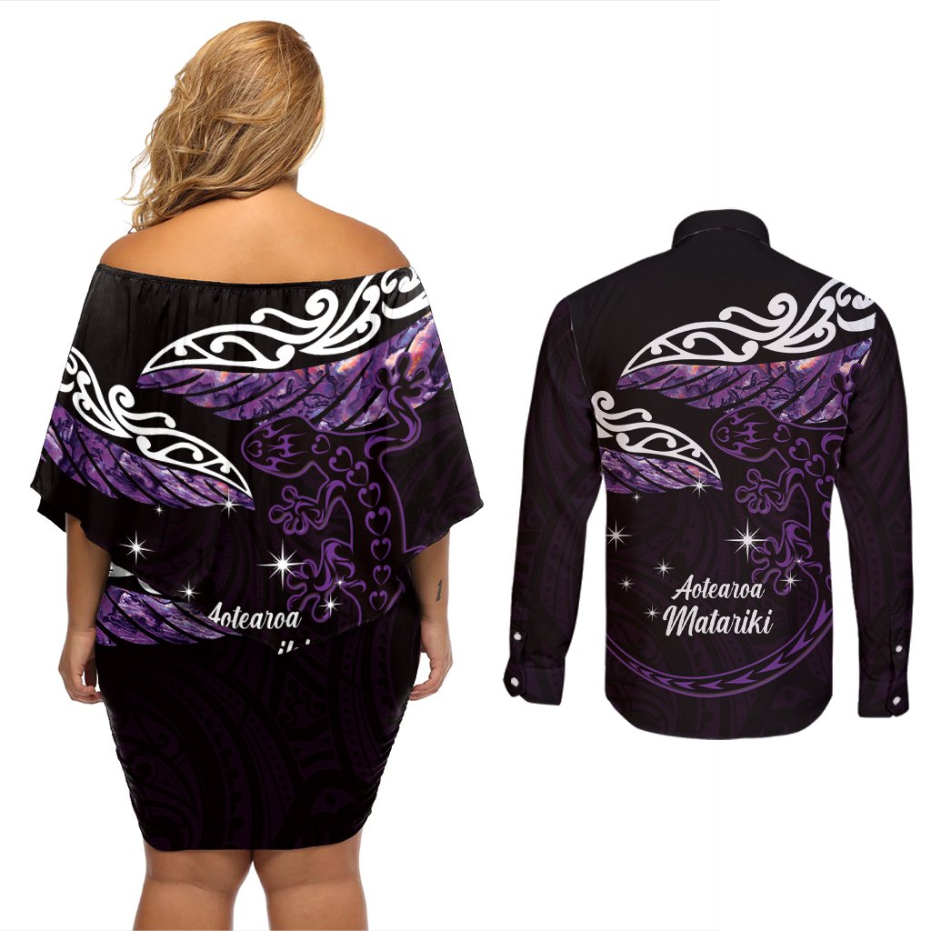 New Zealand Matariki Couples Matching Off Shoulder Short Dress and Long Sleeve Button Shirt Maori New Year Silver Fern And Lizard - Purple LT14 - Polynesian Pride