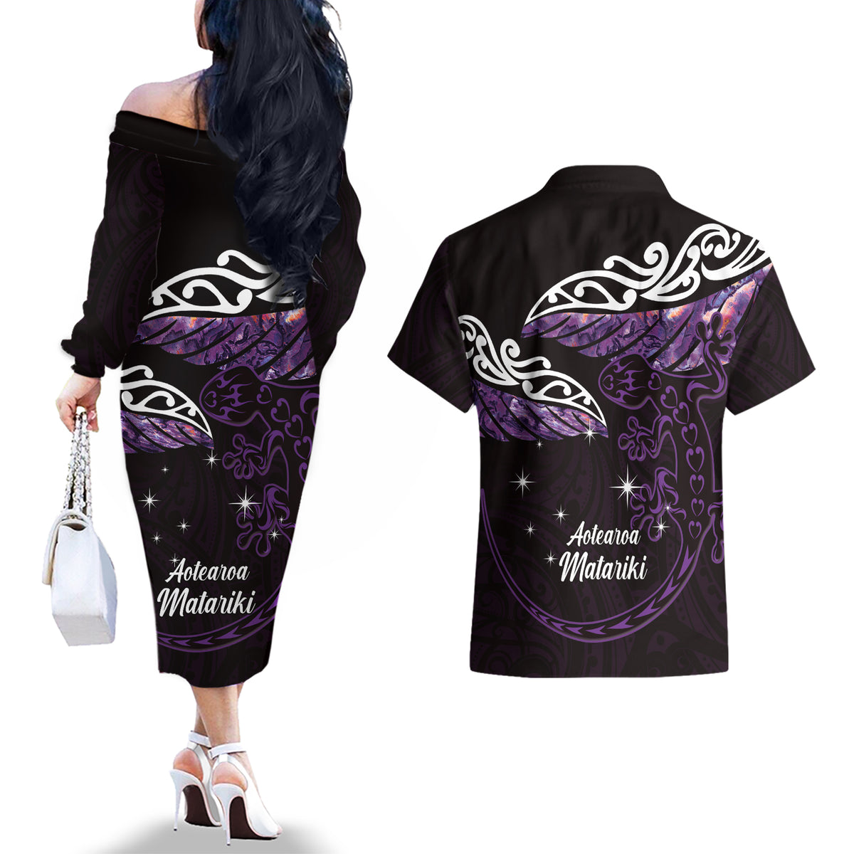 New Zealand Matariki Couples Matching Off The Shoulder Long Sleeve Dress and Hawaiian Shirt Maori New Year Silver Fern And Lizard - Purple LT14 - Polynesian Pride