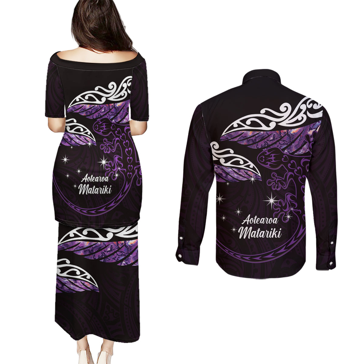 New Zealand Matariki Couples Matching Puletasi and Long Sleeve Button Shirt Maori New Year Silver Fern And Lizard - Purple LT14 - Polynesian Pride