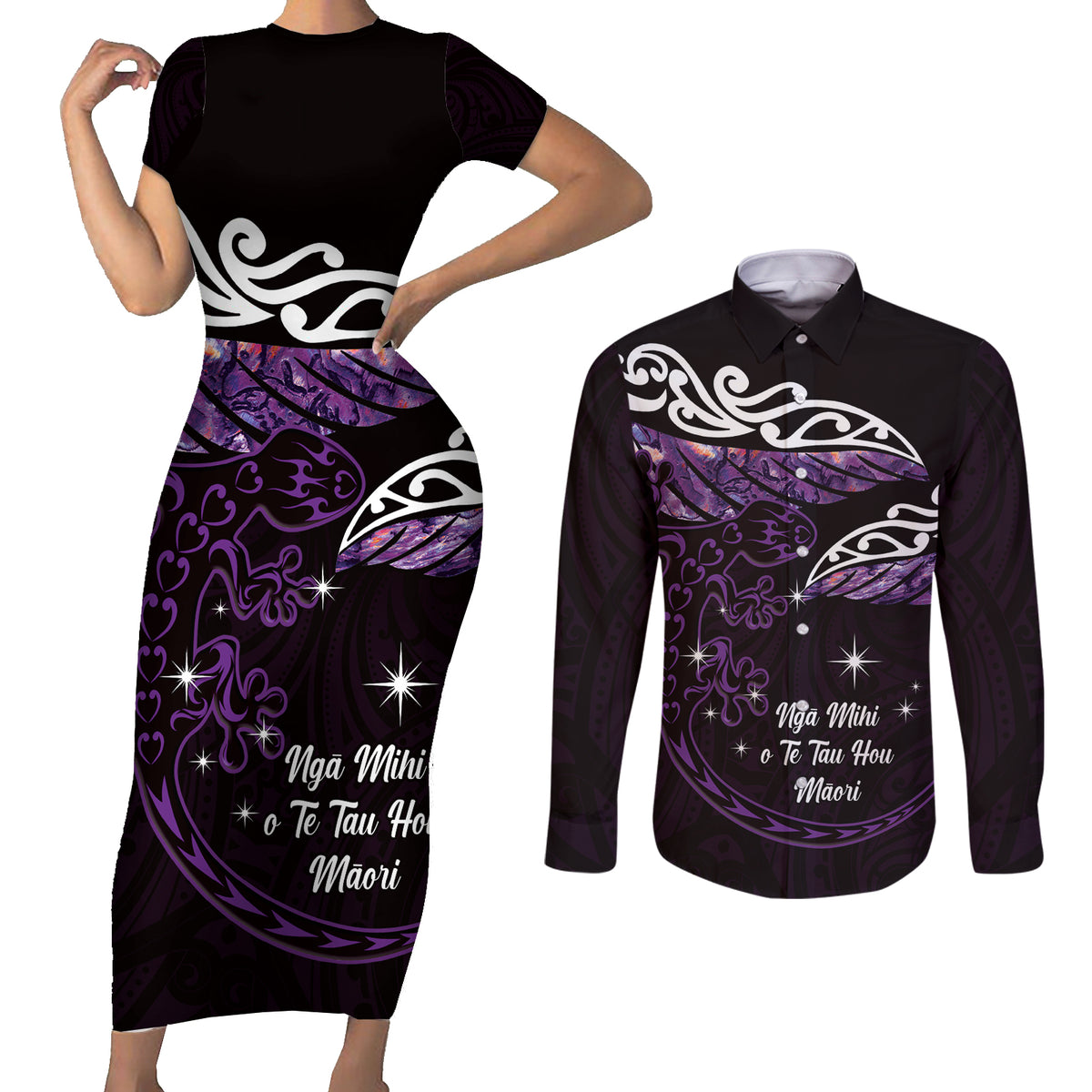 New Zealand Matariki Couples Matching Short Sleeve Bodycon Dress and Long Sleeve Button Shirt Maori New Year Silver Fern And Lizard - Purple LT14 Purple - Polynesian Pride