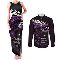 New Zealand Matariki Couples Matching Tank Maxi Dress and Long Sleeve Button Shirt Maori New Year Silver Fern And Lizard - Purple LT14 Purple - Polynesian Pride