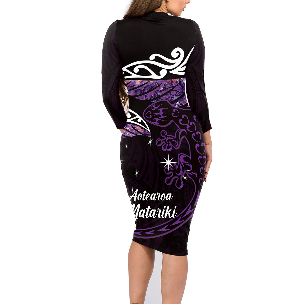 New Zealand Matariki Family Matching Long Sleeve Bodycon Dress and Hawaiian Shirt Maori New Year Silver Fern And Lizard - Purple LT14 - Polynesian Pride