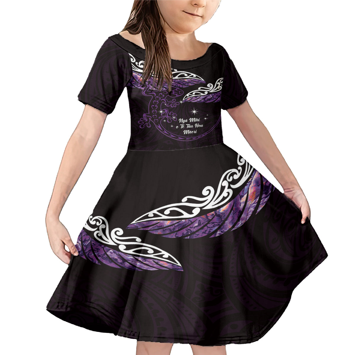 New Zealand Matariki Family Matching Mermaid Dress and Hawaiian Shirt Maori New Year Silver Fern And Lizard - Purple LT14 Daughter's Dress Purple - Polynesian Pride