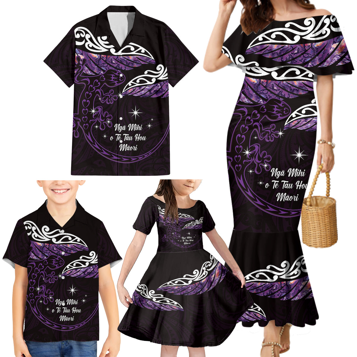 New Zealand Matariki Family Matching Mermaid Dress and Hawaiian Shirt Maori New Year Silver Fern And Lizard - Purple LT14 - Polynesian Pride