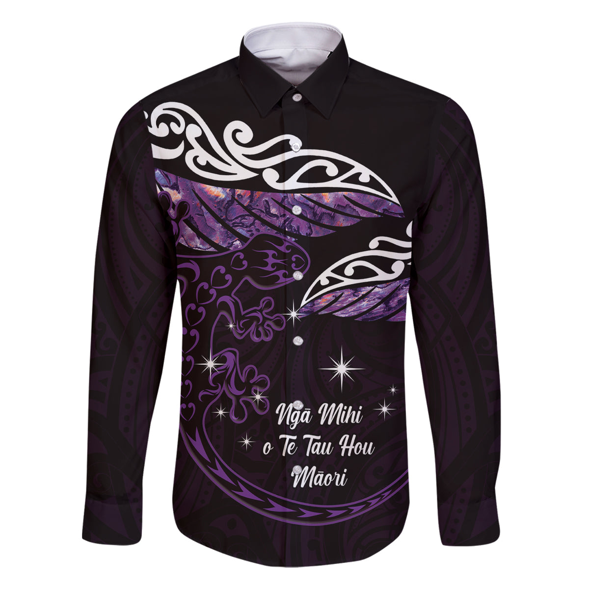 New Zealand Matariki Family Matching Mermaid Dress and Hawaiian Shirt Maori New Year Silver Fern And Lizard - Purple LT14 Dad's Shirt - Long Sleeve Purple - Polynesian Pride