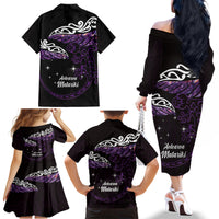New Zealand Matariki Family Matching Off The Shoulder Long Sleeve Dress and Hawaiian Shirt Maori New Year Silver Fern And Lizard - Purple LT14 - Polynesian Pride