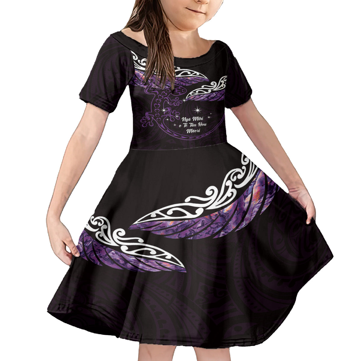 New Zealand Matariki Family Matching Off Shoulder Maxi Dress and Hawaiian Shirt Maori New Year Silver Fern And Lizard - Purple LT14 Daughter's Dress Purple - Polynesian Pride