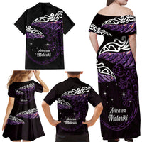 New Zealand Matariki Family Matching Off Shoulder Maxi Dress and Hawaiian Shirt Maori New Year Silver Fern And Lizard - Purple LT14 - Polynesian Pride