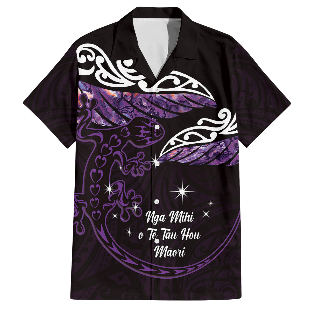 New Zealand Matariki Family Matching Off Shoulder Maxi Dress and Hawaiian Shirt Maori New Year Silver Fern And Lizard - Purple LT14 Dad's Shirt - Short Sleeve Purple - Polynesian Pride