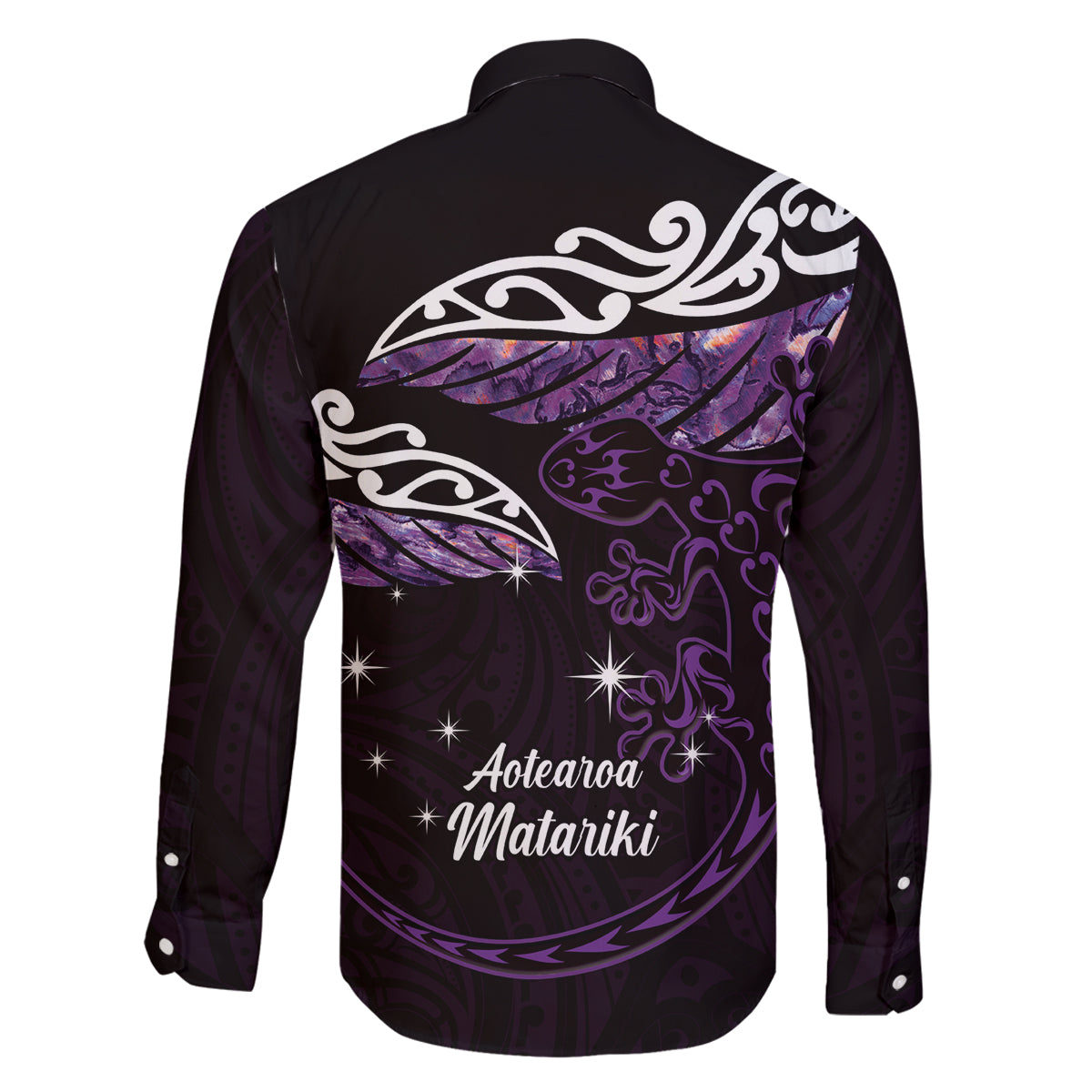 New Zealand Matariki Family Matching Off Shoulder Maxi Dress and Hawaiian Shirt Maori New Year Silver Fern And Lizard - Purple LT14 - Polynesian Pride