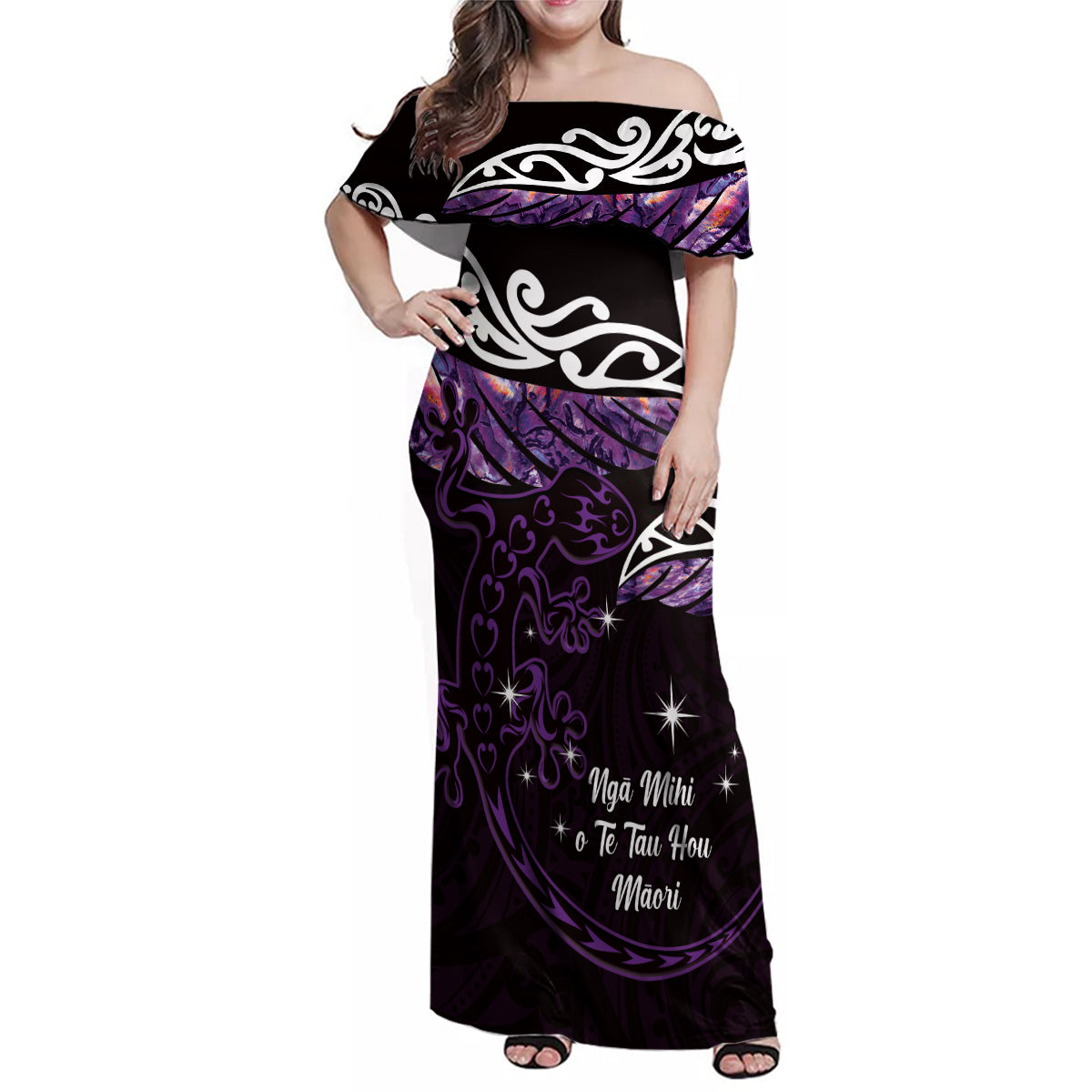 New Zealand Matariki Family Matching Off Shoulder Maxi Dress and Hawaiian Shirt Maori New Year Silver Fern And Lizard - Purple LT14 Mom's Dress Purple - Polynesian Pride