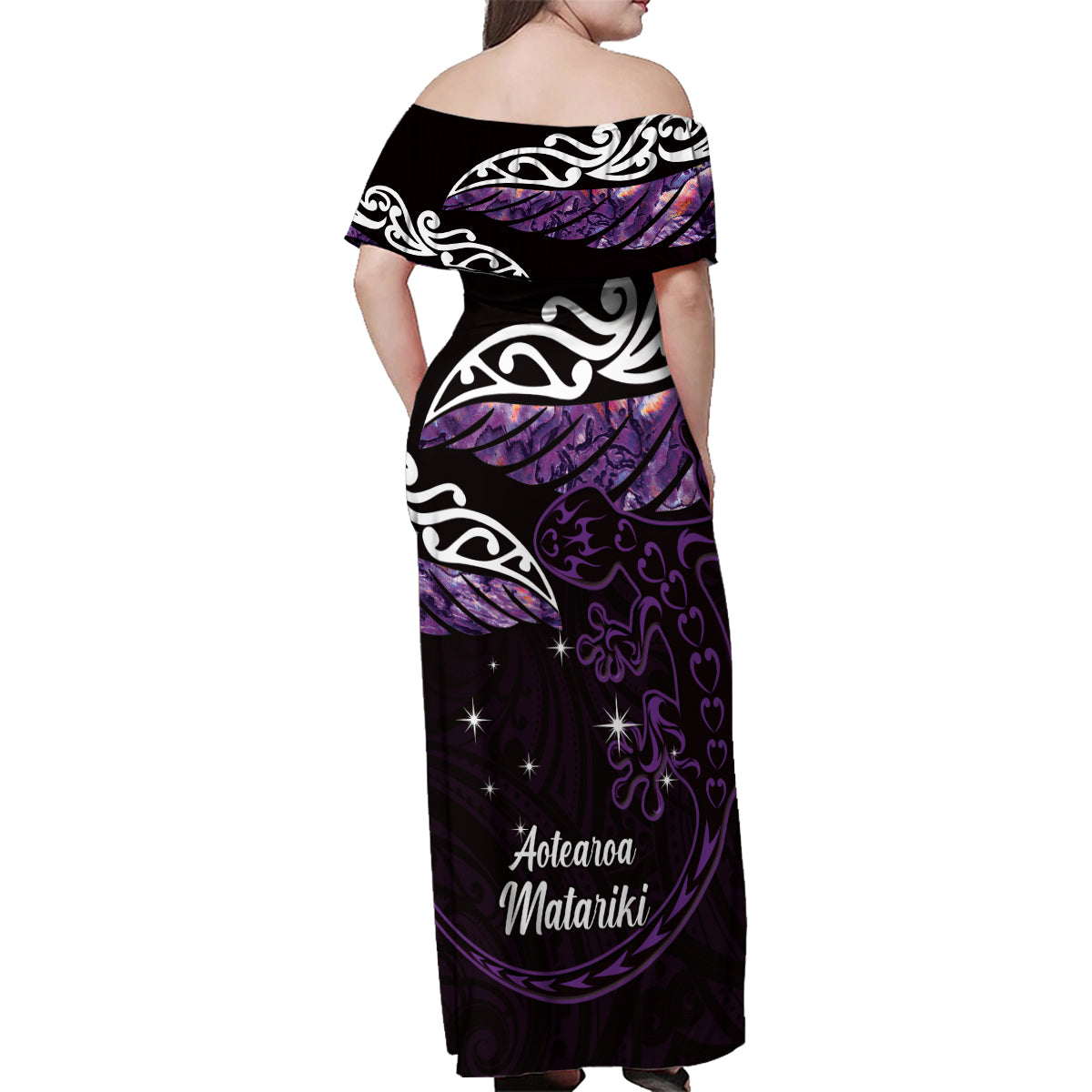 New Zealand Matariki Family Matching Off Shoulder Maxi Dress and Hawaiian Shirt Maori New Year Silver Fern And Lizard - Purple LT14 - Polynesian Pride