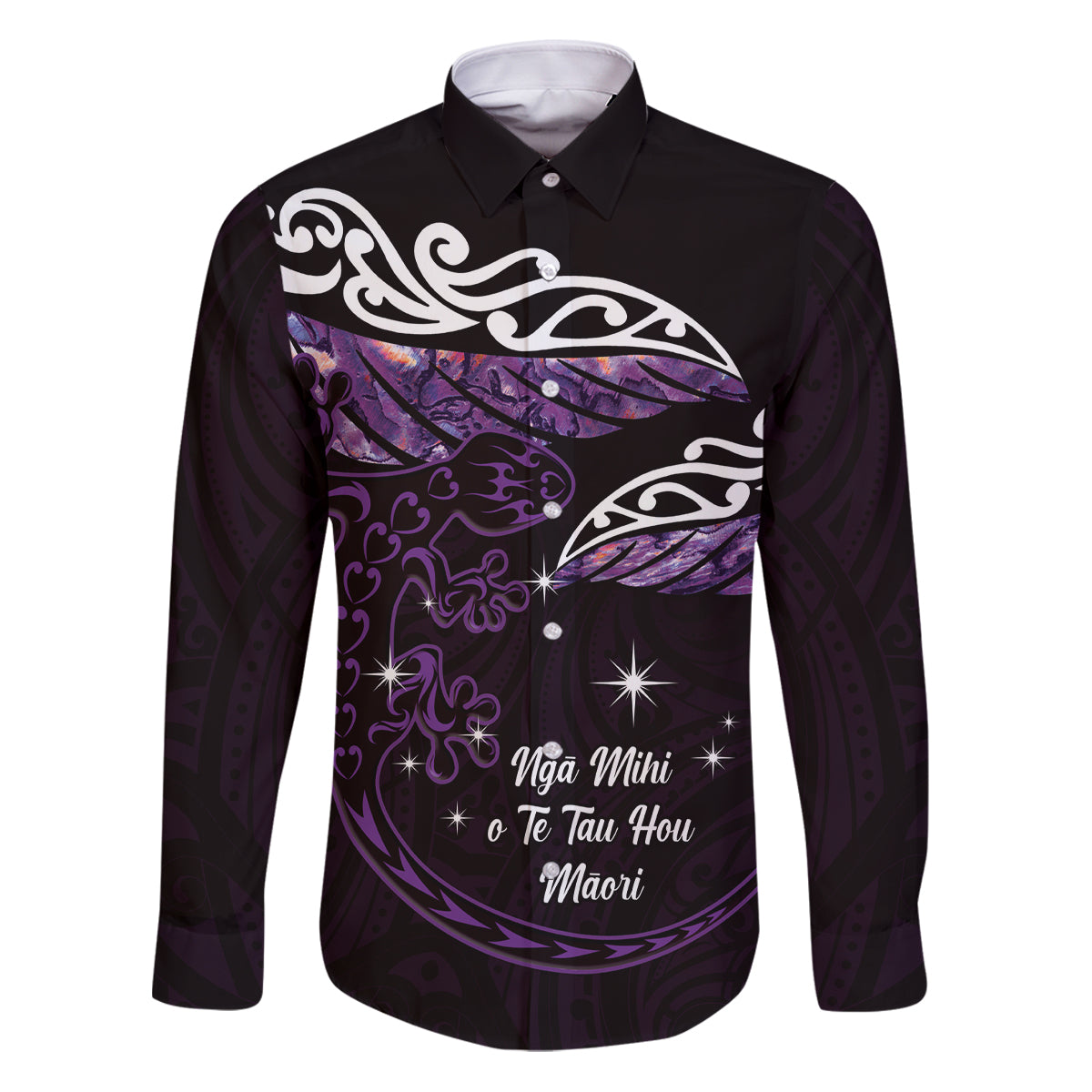 New Zealand Matariki Family Matching Puletasi and Hawaiian Shirt Maori New Year Silver Fern And Lizard - Purple LT14 Dad's Shirt - Long Sleeve Purple - Polynesian Pride