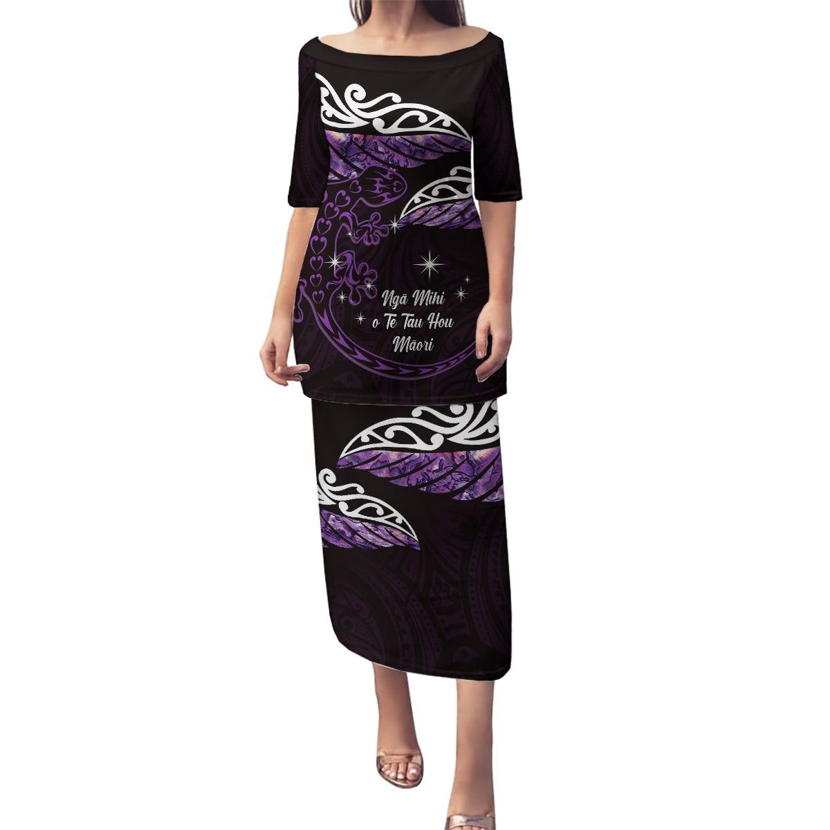 New Zealand Matariki Family Matching Puletasi and Hawaiian Shirt Maori New Year Silver Fern And Lizard - Purple LT14 Mom's Dress Purple - Polynesian Pride