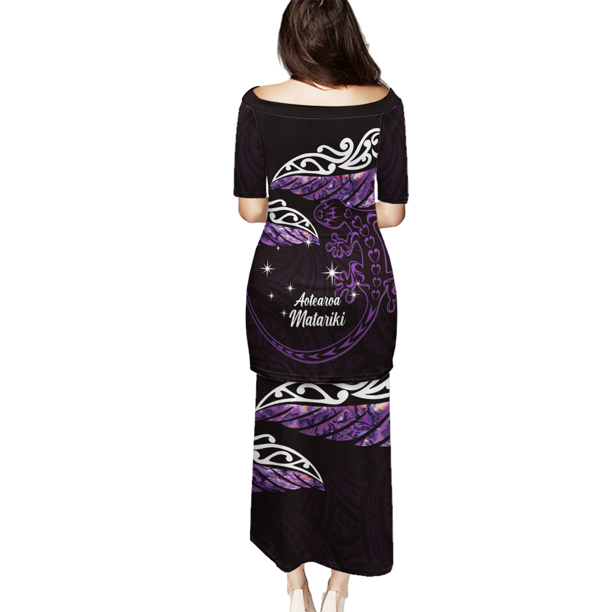 New Zealand Matariki Family Matching Puletasi and Hawaiian Shirt Maori New Year Silver Fern And Lizard - Purple LT14 - Polynesian Pride