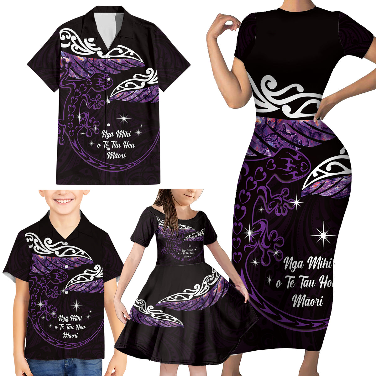 New Zealand Matariki Family Matching Short Sleeve Bodycon Dress and Hawaiian Shirt Maori New Year Silver Fern And Lizard - Purple LT14 - Polynesian Pride