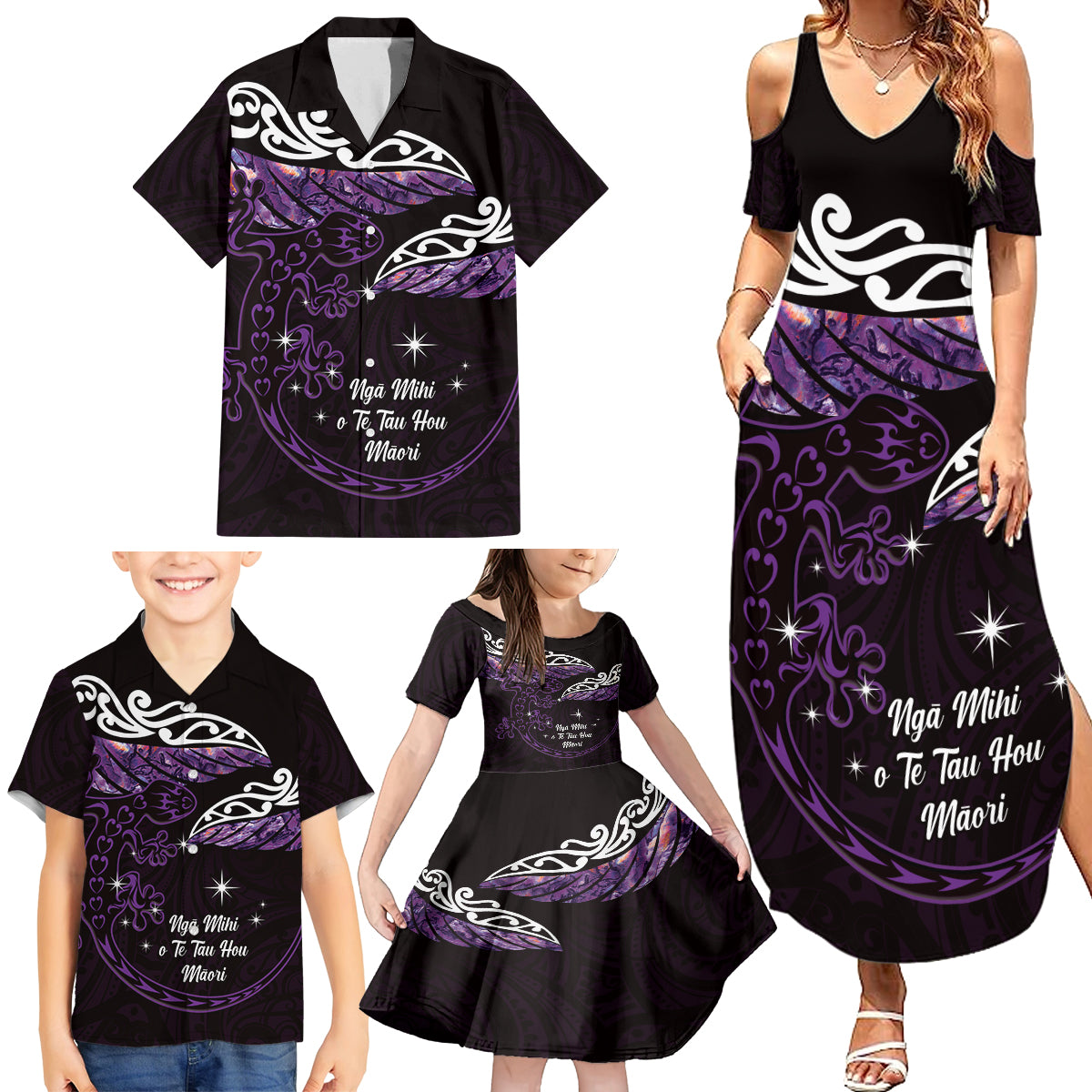 New Zealand Matariki Family Matching Summer Maxi Dress and Hawaiian Shirt Maori New Year Silver Fern And Lizard - Purple LT14 - Polynesian Pride