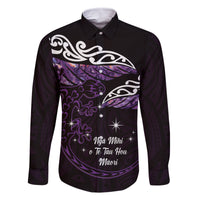 New Zealand Matariki Family Matching Summer Maxi Dress and Hawaiian Shirt Maori New Year Silver Fern And Lizard - Purple LT14 Dad's Shirt - Long Sleeve Purple - Polynesian Pride