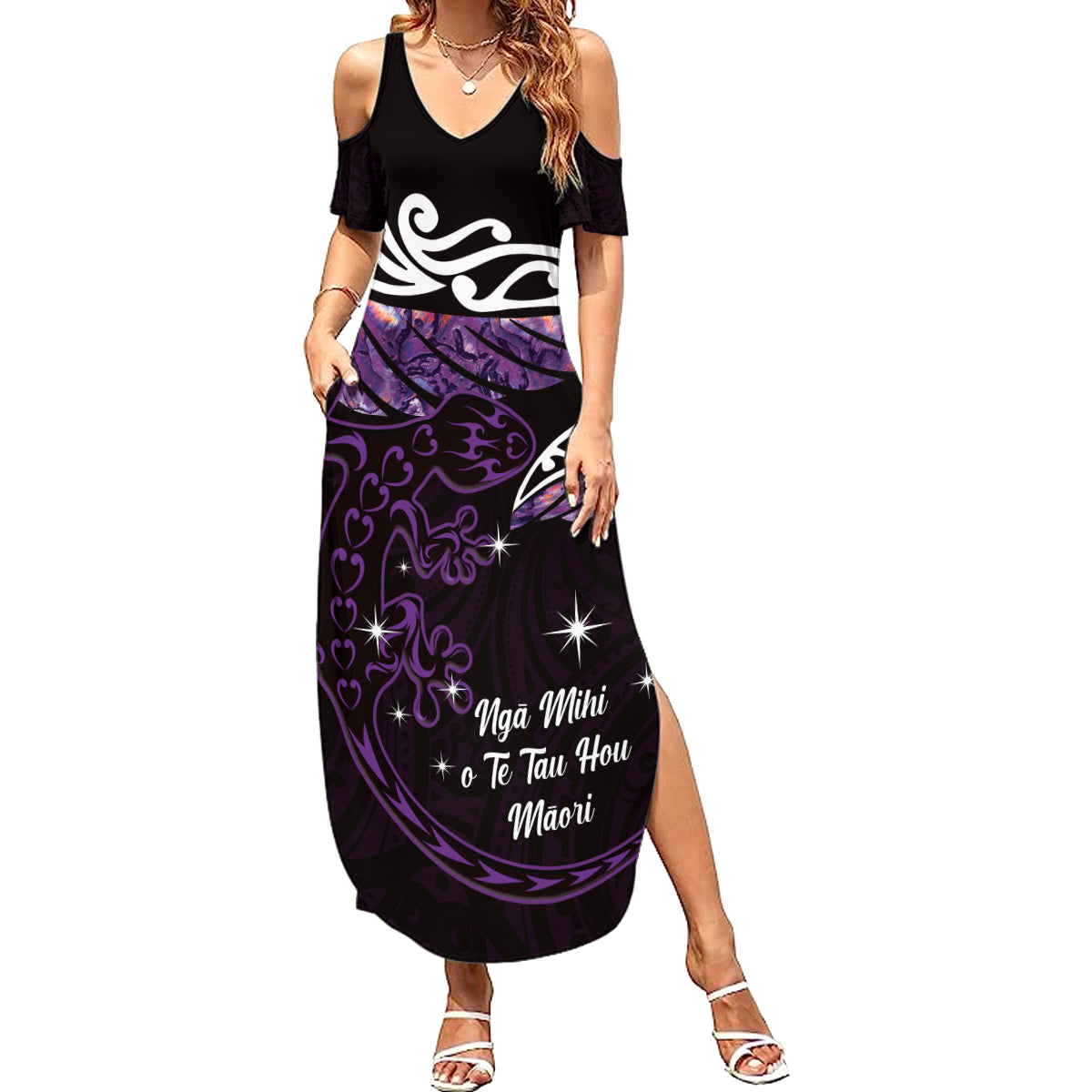 New Zealand Matariki Family Matching Summer Maxi Dress and Hawaiian Shirt Maori New Year Silver Fern And Lizard - Purple LT14 Mom's Dress Purple - Polynesian Pride