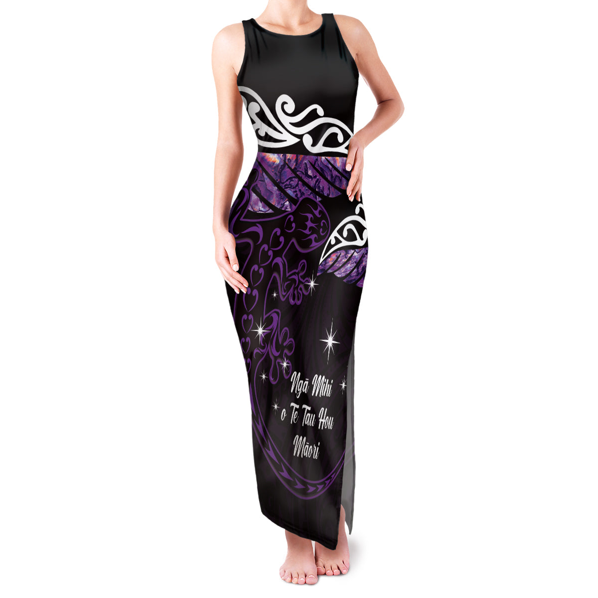 New Zealand Matariki Family Matching Tank Maxi Dress and Hawaiian Shirt Maori New Year Silver Fern And Lizard - Purple LT14 Mom's Dress Purple - Polynesian Pride