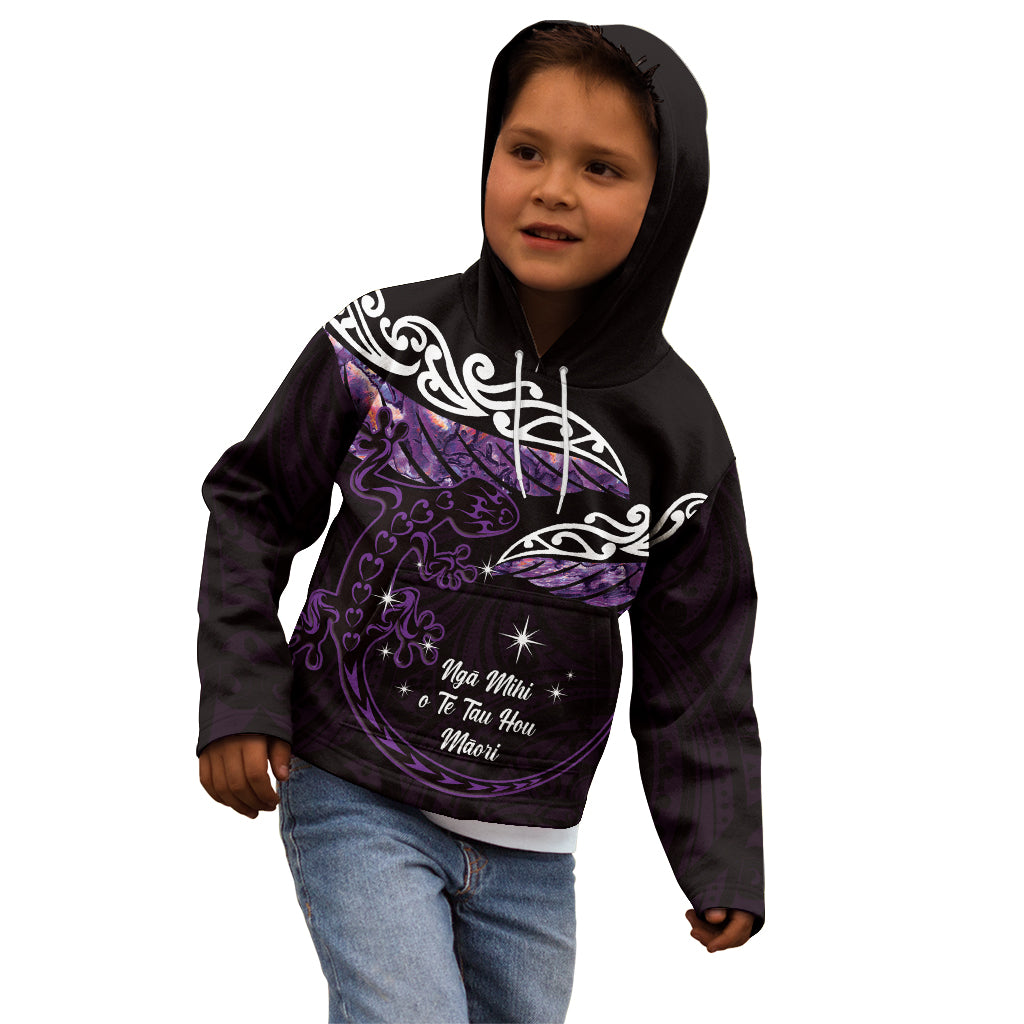 New Zealand Matariki Kid Hoodie Maori New Year Silver Fern And Lizard - Purple LT14 - Polynesian Pride