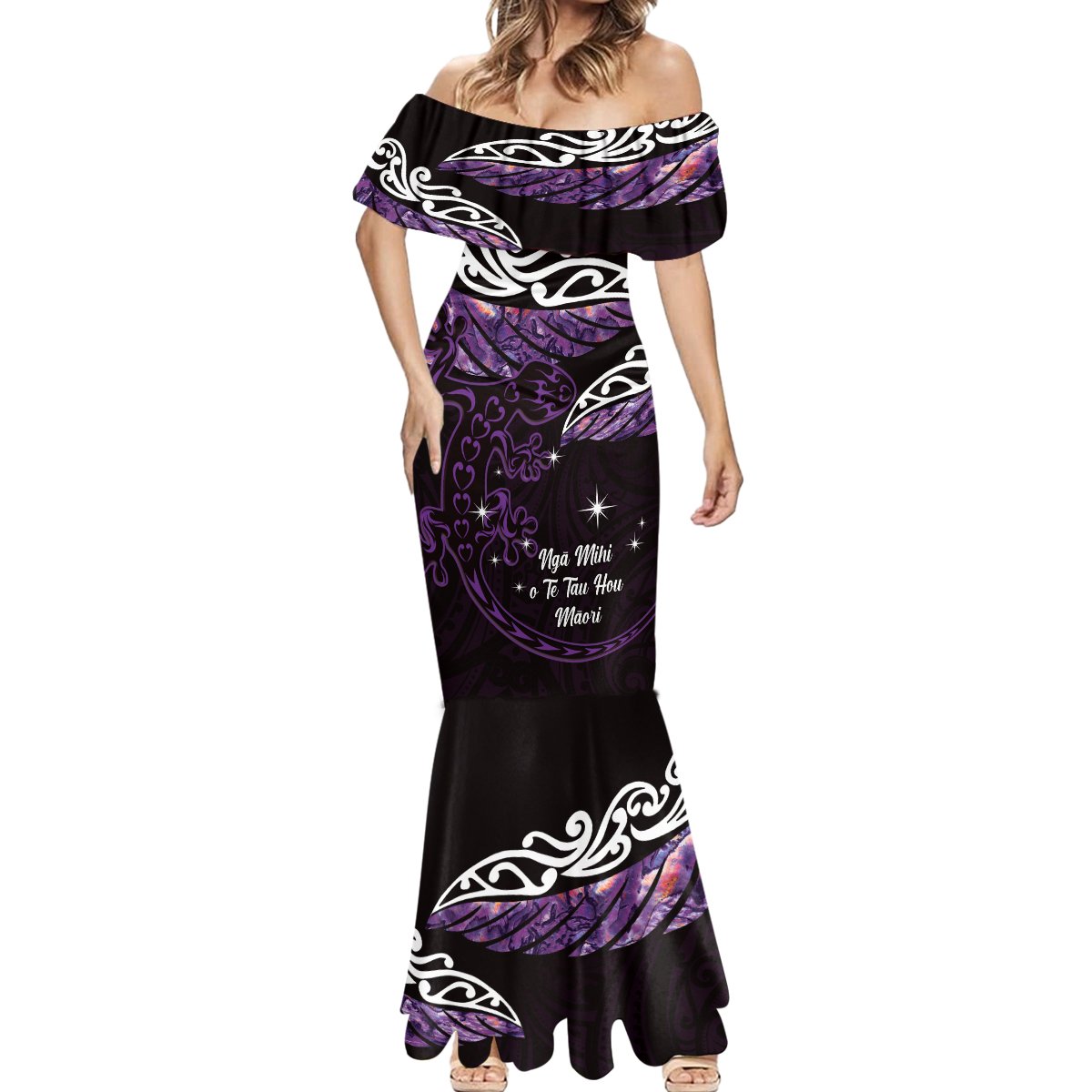 New Zealand Matariki Mermaid Dress Maori New Year Silver Fern And Lizard - Purple LT14 - Polynesian Pride