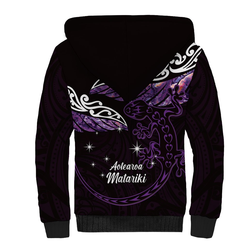 New Zealand Matariki Sherpa Hoodie Maori New Year Silver Fern And Lizard - Purple LT14 - Polynesian Pride