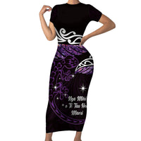 New Zealand Matariki Short Sleeve Bodycon Dress Maori New Year Silver Fern And Lizard - Purple LT14 Long Dress Purple - Polynesian Pride