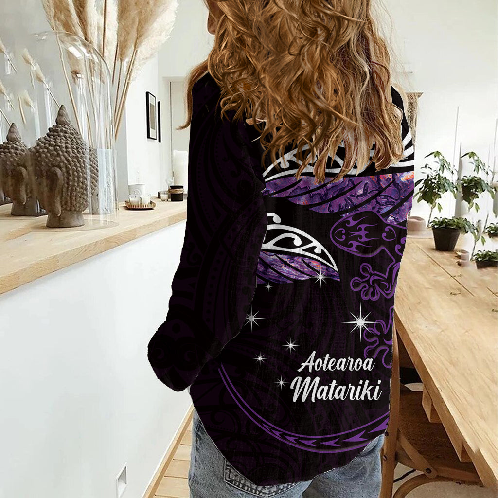 New Zealand Matariki Women Casual Shirt Maori New Year Silver Fern And Lizard - Purple LT14 - Polynesian Pride