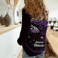New Zealand Matariki Women Casual Shirt Maori New Year Silver Fern And Lizard - Purple LT14 - Polynesian Pride