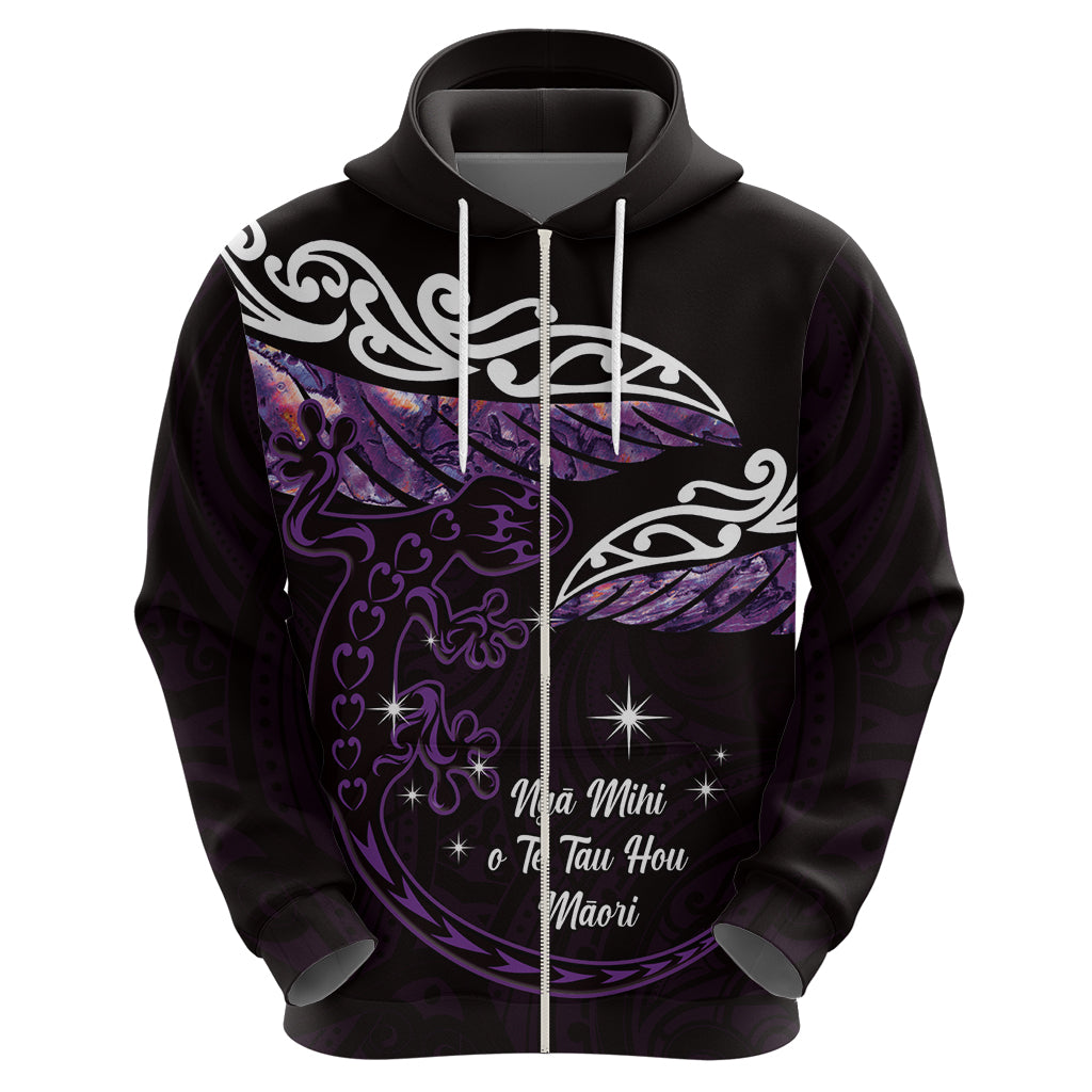 New Zealand Matariki Zip Hoodie Maori New Year Silver Fern And Lizard - Purple LT14 - Polynesian Pride