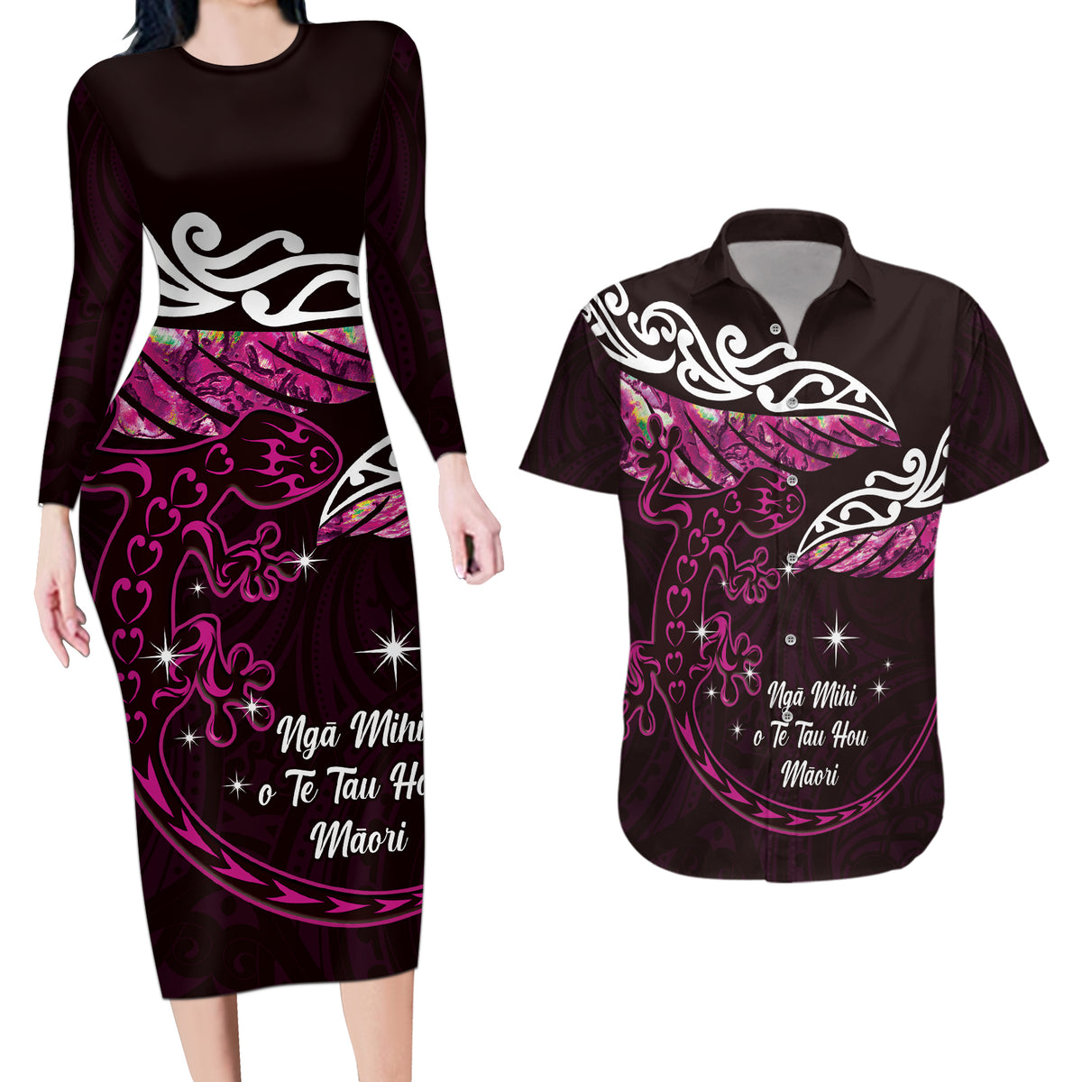 New Zealand Matariki Couples Matching Long Sleeve Bodycon Dress and Hawaiian Shirt Maori New Year Silver Fern And Lizard - Pink LT14 Pink - Polynesian Pride